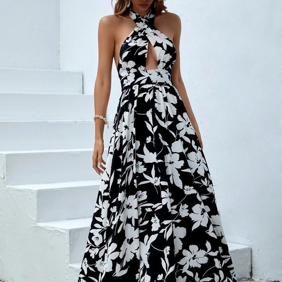 Black Boho Womens Floral Print Criss Cross Tie Backless Halter Dress - Picture 5 of 5